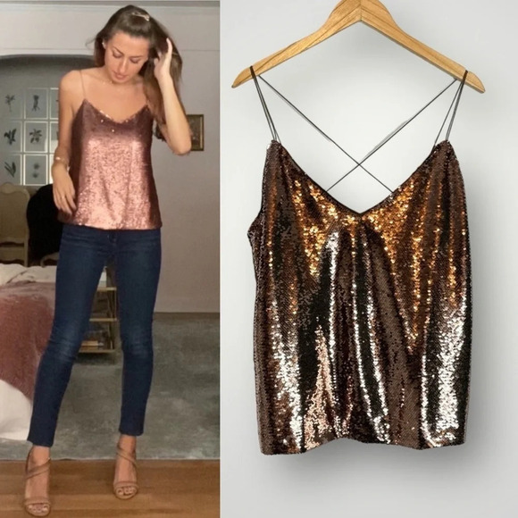ASOS Design Sequin Cami Top Size 14 Spaghetti Strap Rose Gold V Neck Lined - Picture 1 of 9